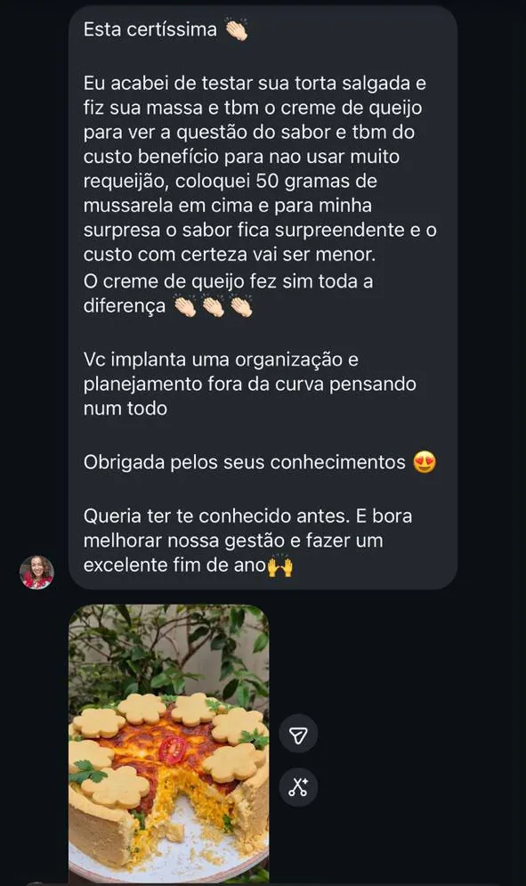 Mensagem da aluna Juliana no Instagram com a foto da torta salgada que ela fez